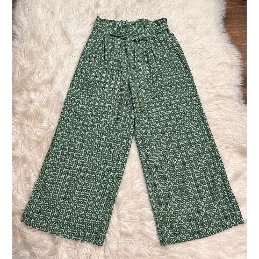 Max Studio Womens High Rise All-Over Print Trousers Wide Leg Green Daisy Size S